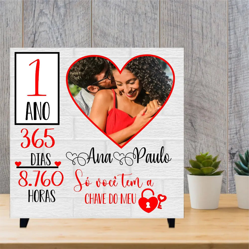 Azulejo Glitter Multicolor Sem Textura com Suporte 15x15 cm: Personalizado - Chave do meu coraç