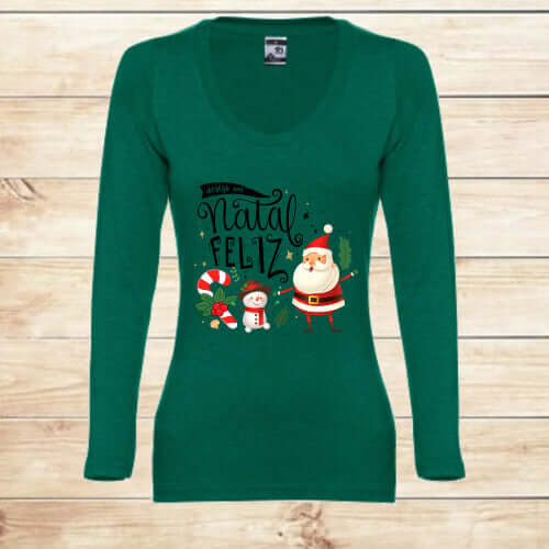 T-shirt comprida Mulher Natal Feliz Verde