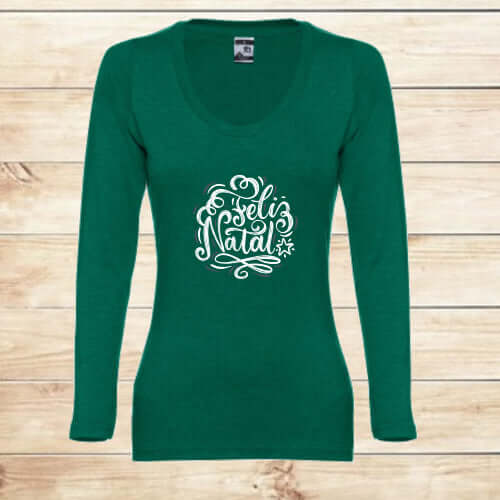 T-shirt comprida Mulher Feliz Natal Verde