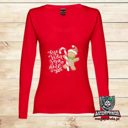 T-Shirt Comprida Mulher De Natal Vida Doce S / Escrita Branca Comprida