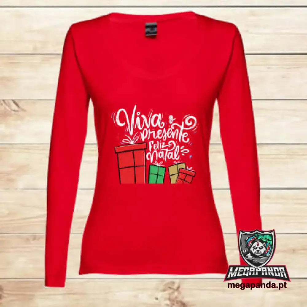 Camiseta larga mujer Navidad Viva el regalo blanco