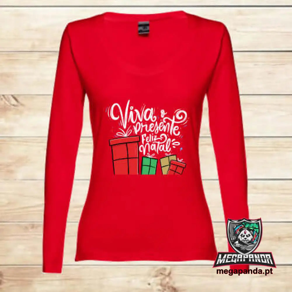 T-Shirt Comprida Mulher De Natal Viva O Presente Branco S Comprida