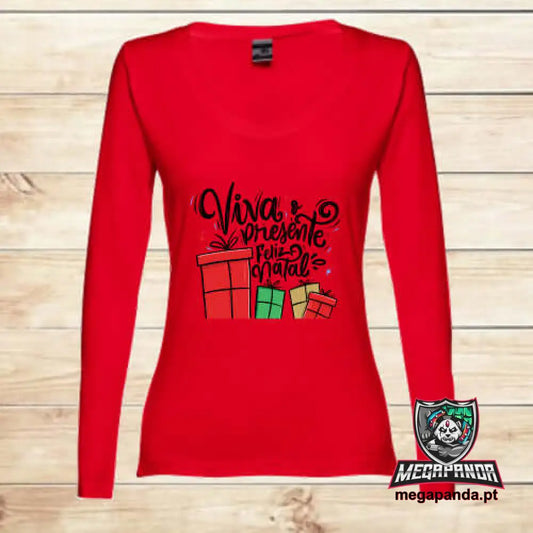 T-Shirt Comprida Mulher De Natal Viva O Presente S Comprida