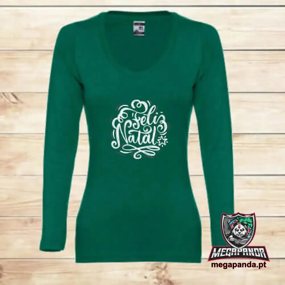 Camiseta larga mujer verde feliz navidad