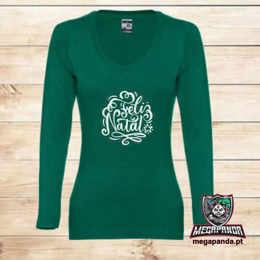 T-Shirt Comprida Mulher Feliz Natal Verde S Comprida