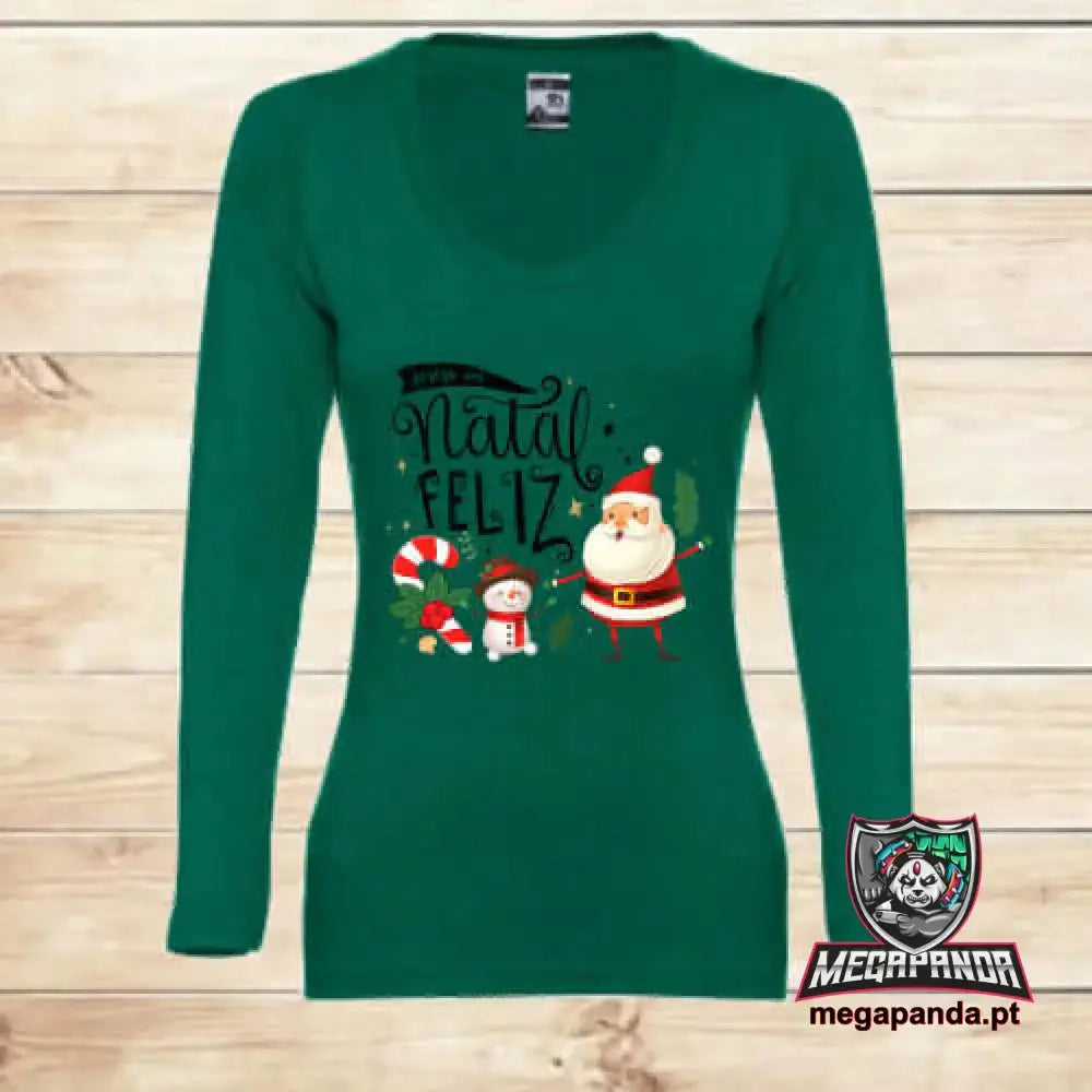 Camiseta Larga Mujer Feliz Navidad Verde