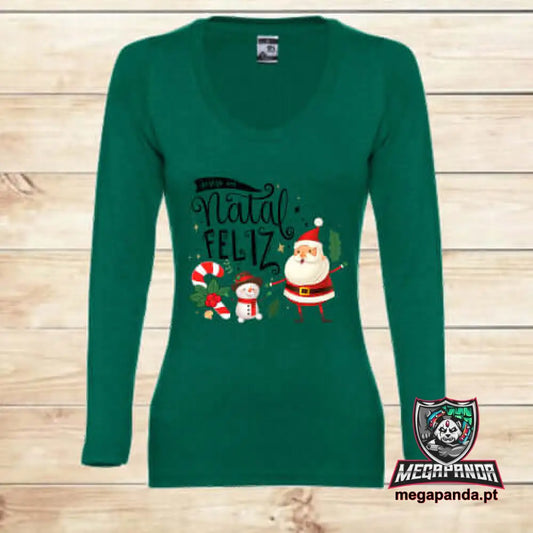 T-Shirt Comprida Mulher Natal Feliz Verde S Comprida